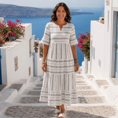 Tiered Stripe Midi Dress With Short Sleeves