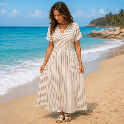 Gestreiftes Midikleid mit gekreuztem Taillendetail
