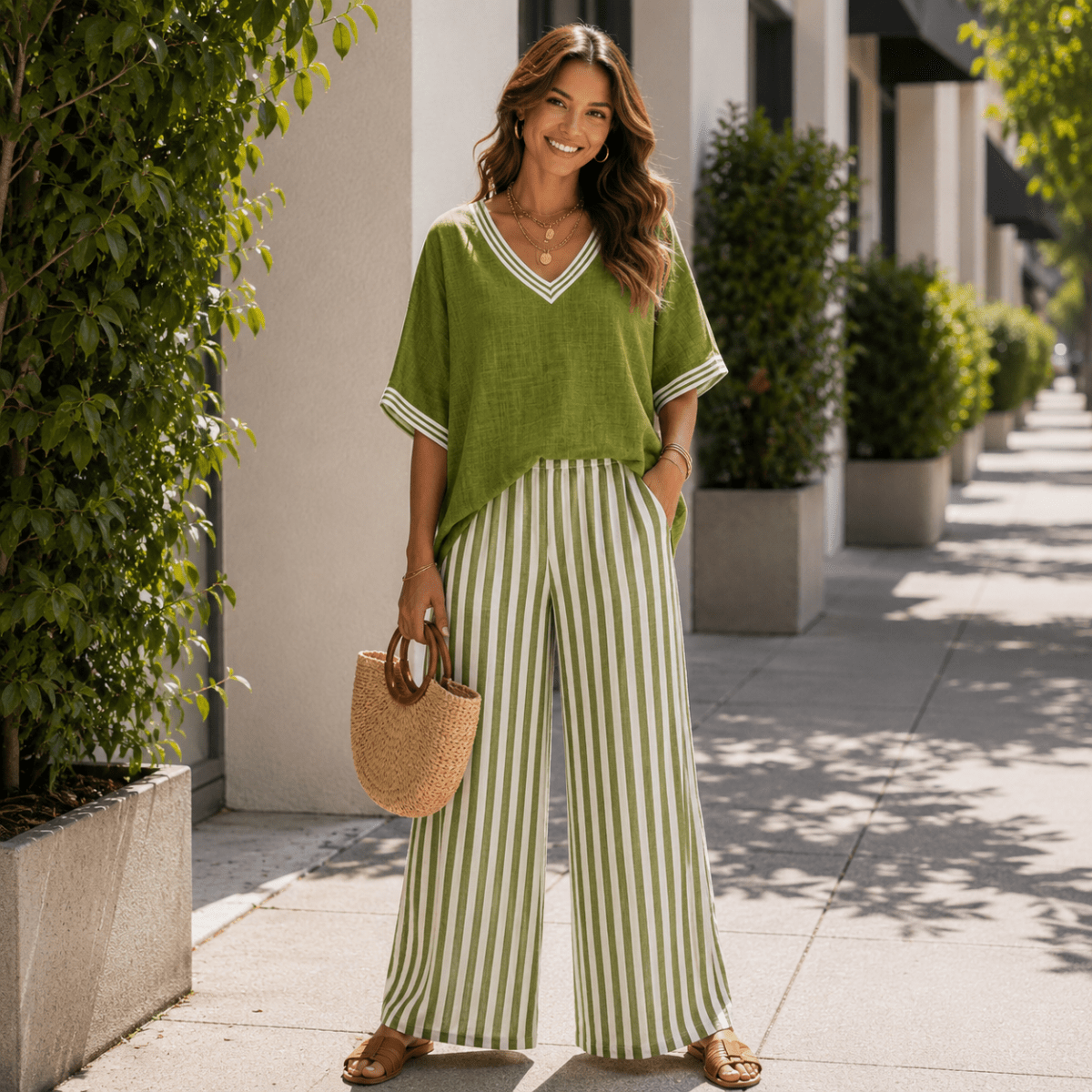 Gestreifte Hose mit weitem Bein und V-Ausschnitt Top im Set