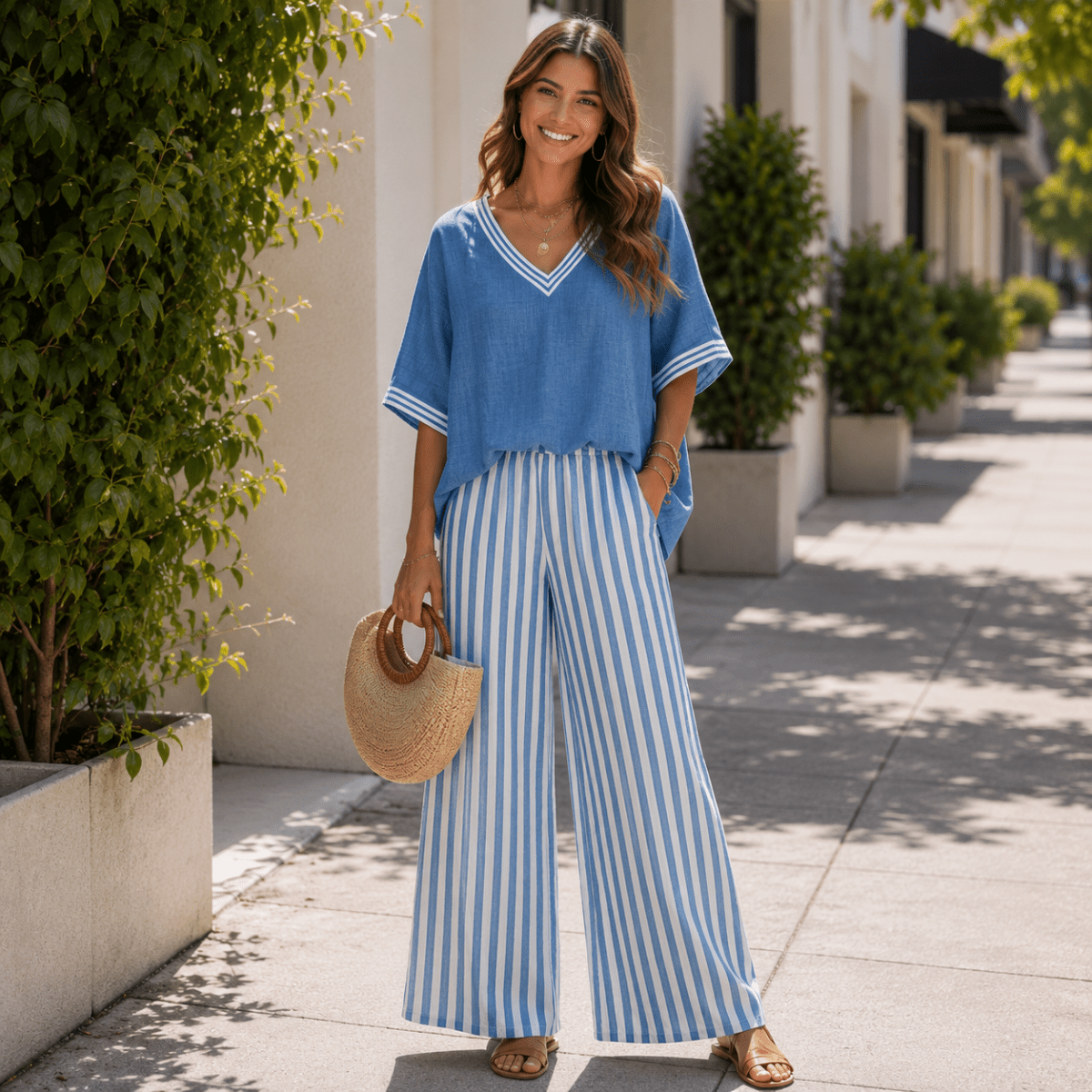 Gestreifte Hose mit weitem Bein und V-Ausschnitt Top im Set