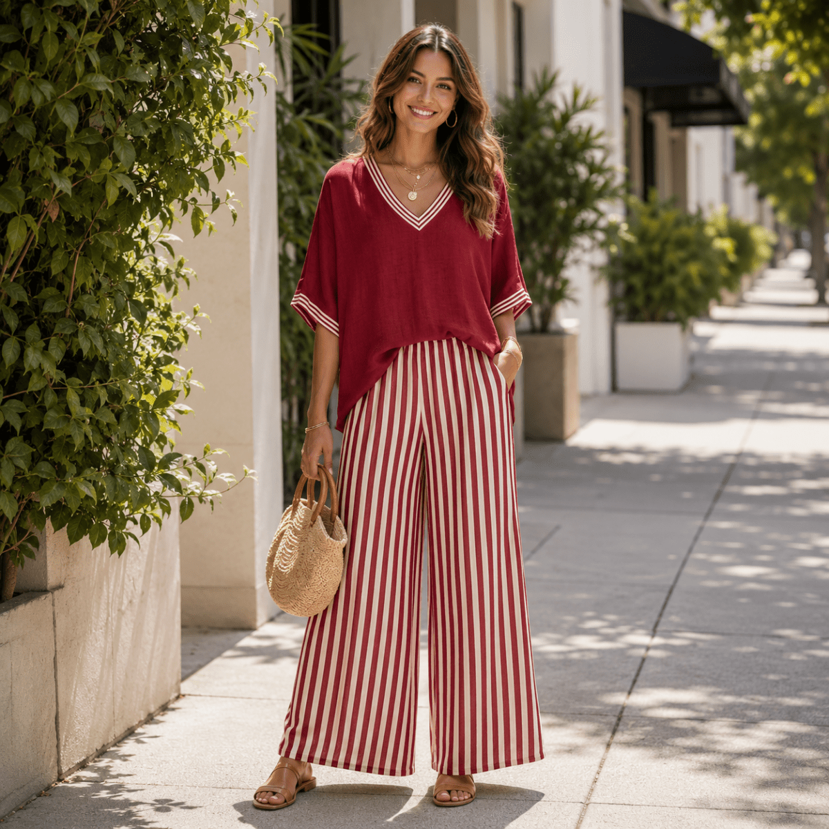 Gestreifte Hose mit weitem Bein und V-Ausschnitt Top im Set