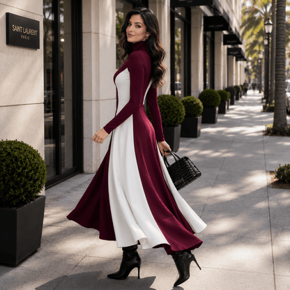 Maxikleid mit Rollkragen und Kontrasteinsätzen