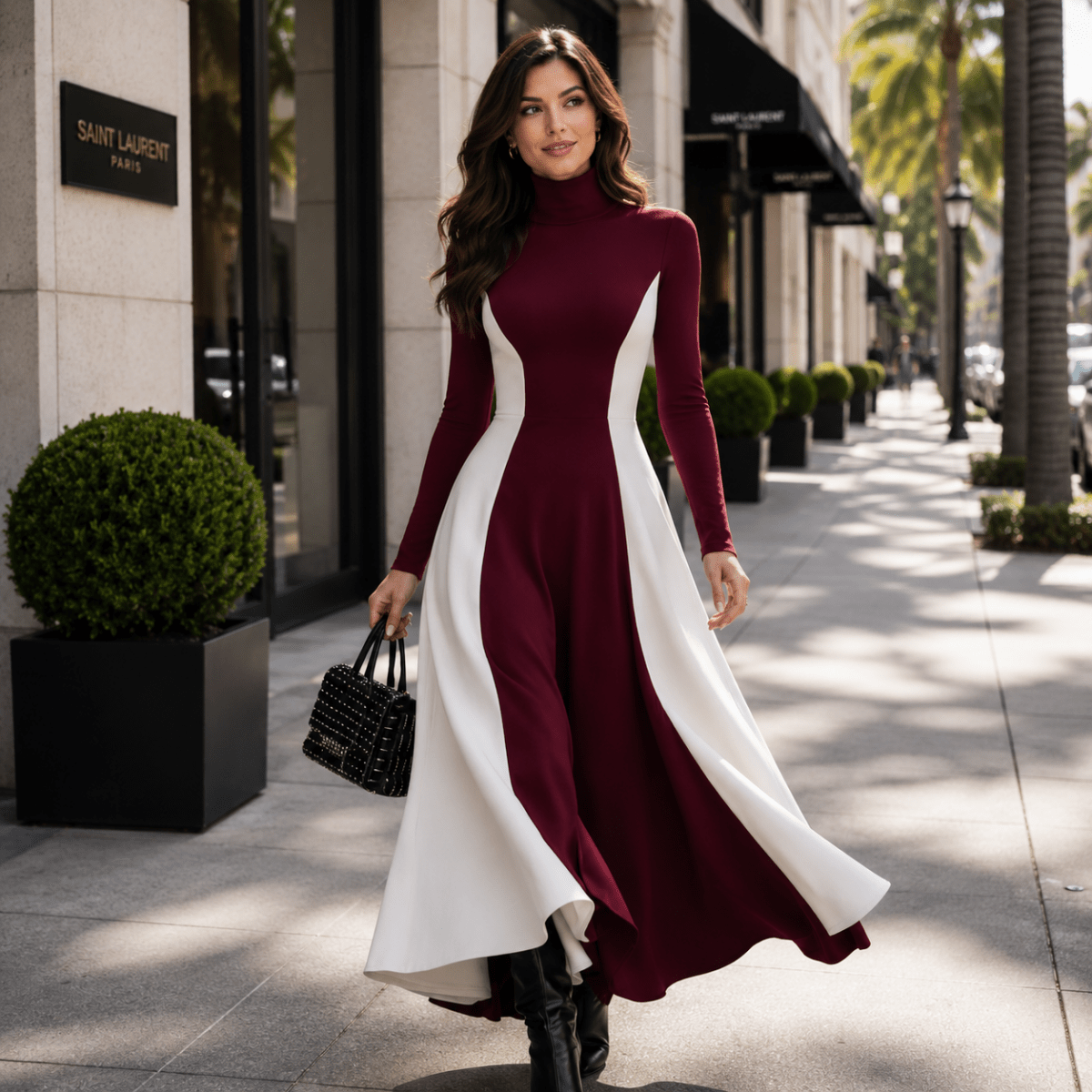 Maxikleid mit Rollkragen und Kontrasteinsätzen