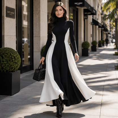 Maxikleid mit Rollkragen und Kontrasteinsätzen