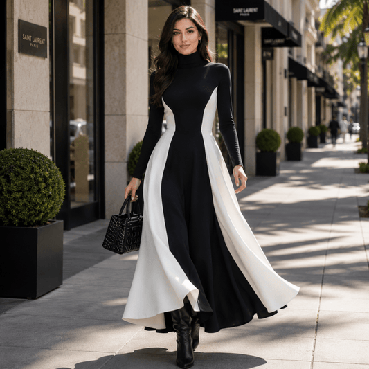 Turtleneck Maxi Dress with Contrast Panels