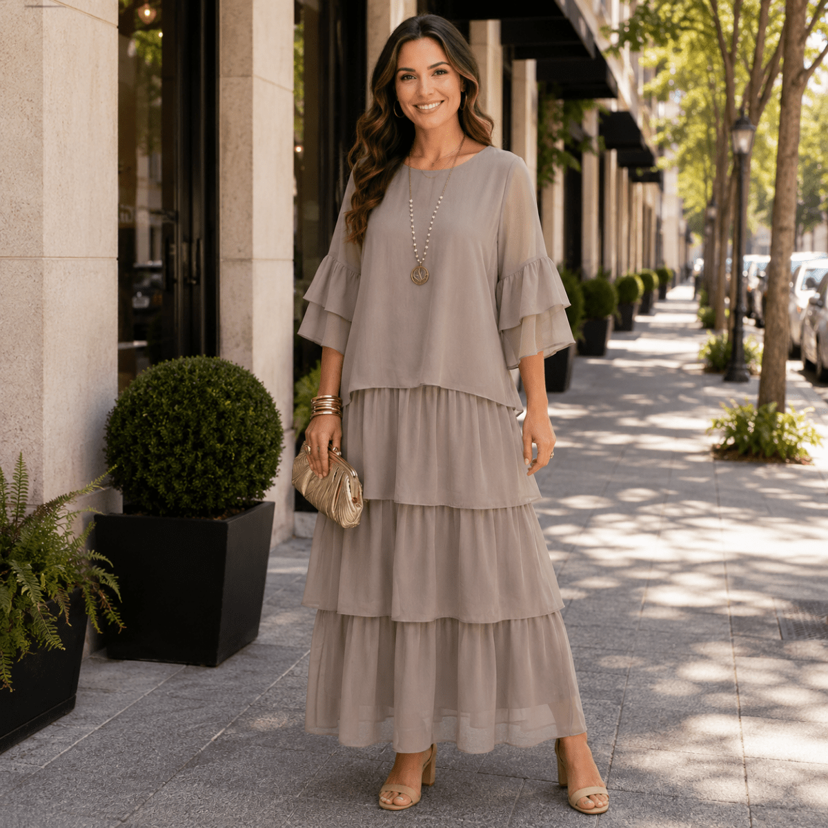 Fließendes Maxikleid mit Stufenrock und weiten Ärmeln