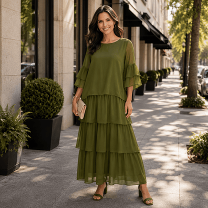 Fließendes Maxikleid mit Stufenrock und weiten Ärmeln