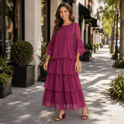 Fließendes Maxikleid mit Stufenrock und weiten Ärmeln
