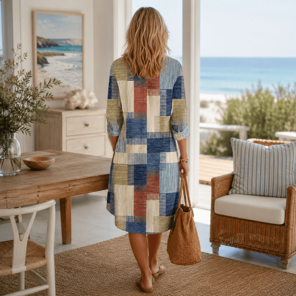 Patchwork-Midikleid mit Knopfleiste vorne