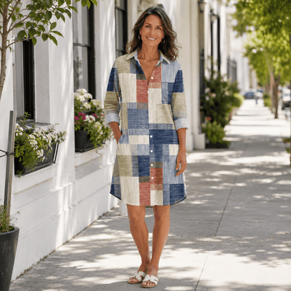 Patchwork-Midikleid mit Knopfleiste vorne