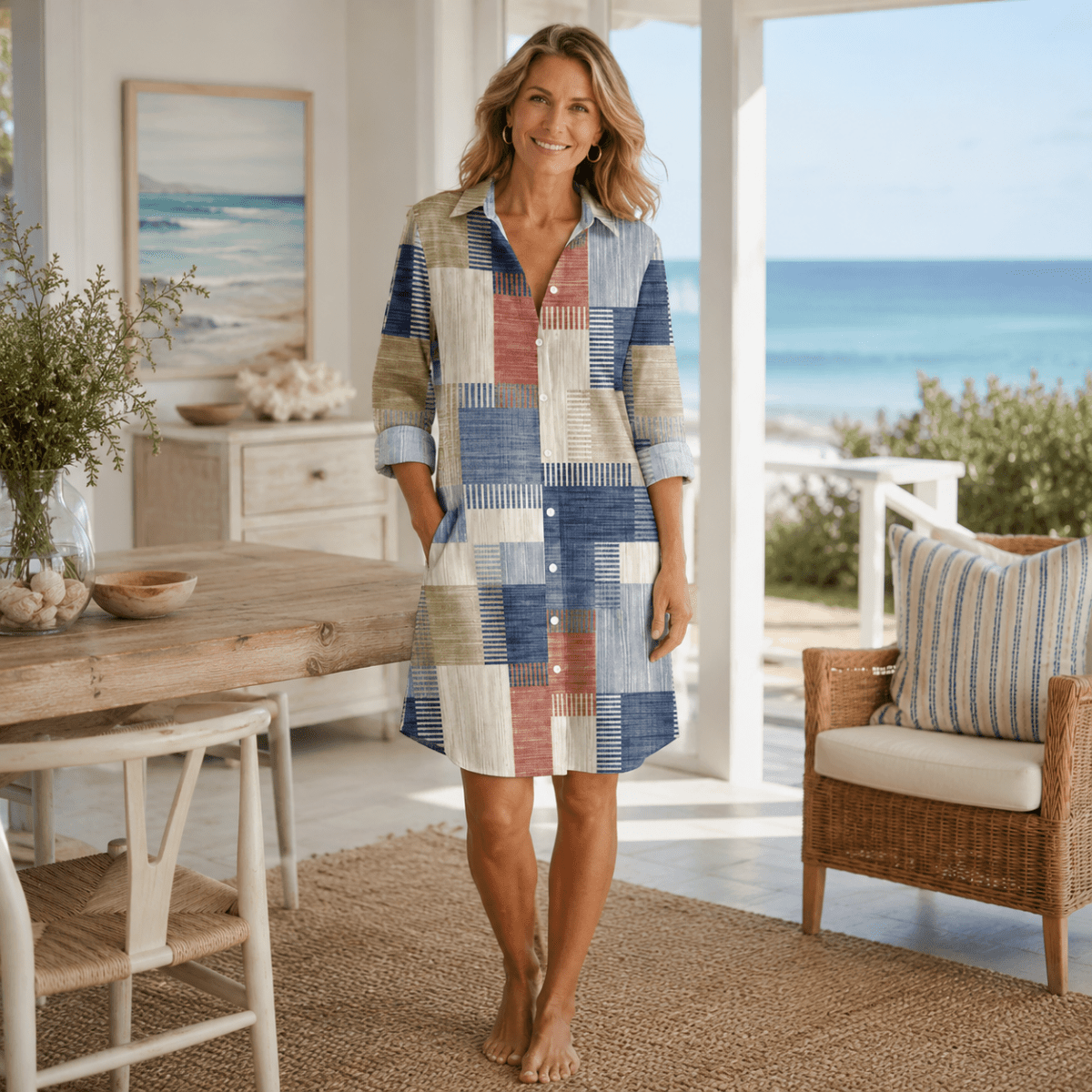 Patchwork-Midikleid mit Knopfleiste vorne