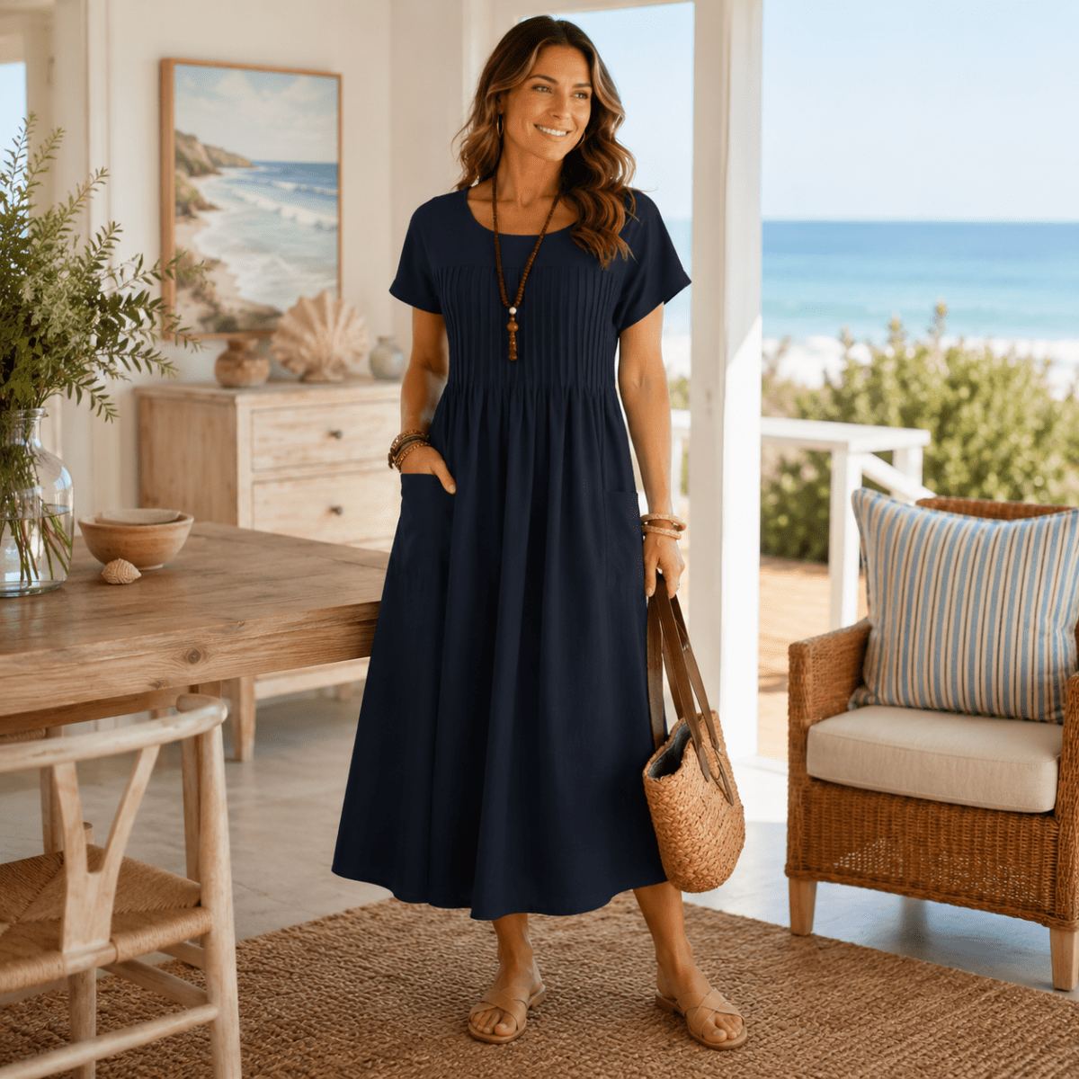 Gesammeltes Midikleid mit plissiertem Oberteil