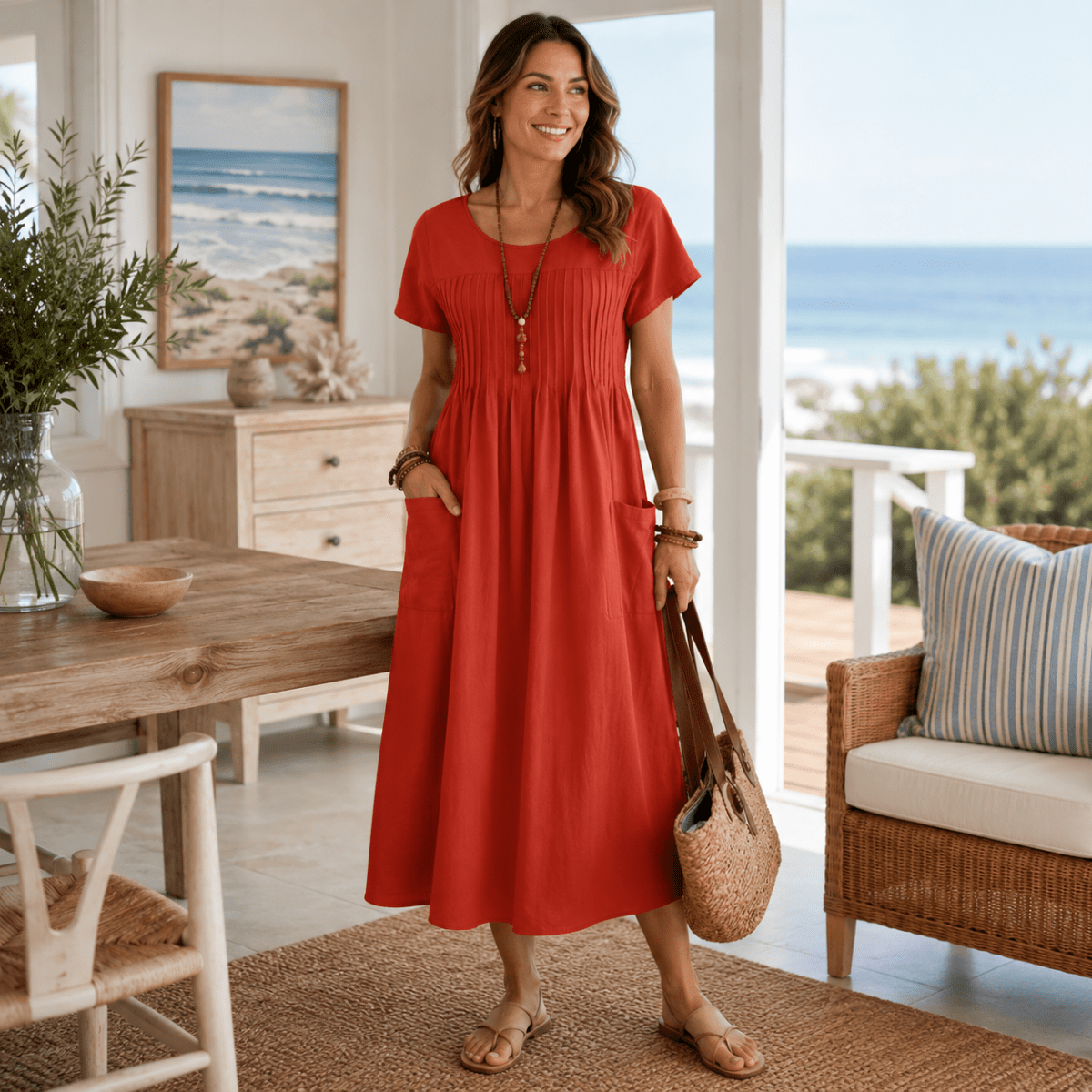 Gesammeltes Midikleid mit plissiertem Oberteil