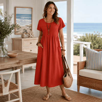 Gesammeltes Midikleid mit plissiertem Oberteil
