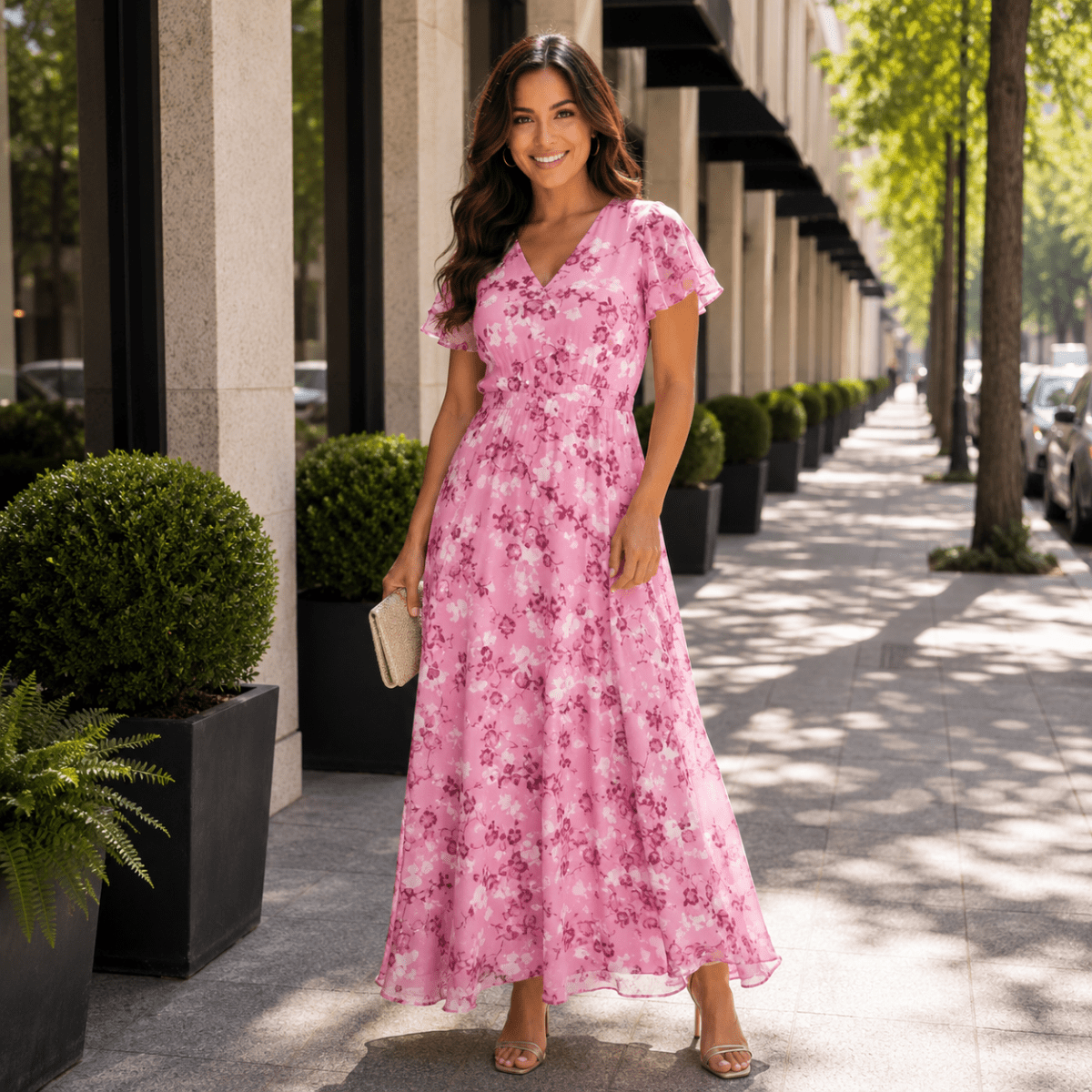 Maxikleid aus floraler Chiffon mit flatternden Ärmeln