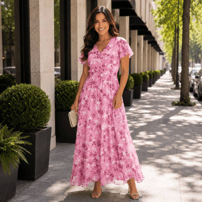 Maxikleid aus floraler Chiffon mit flatternden Ärmeln