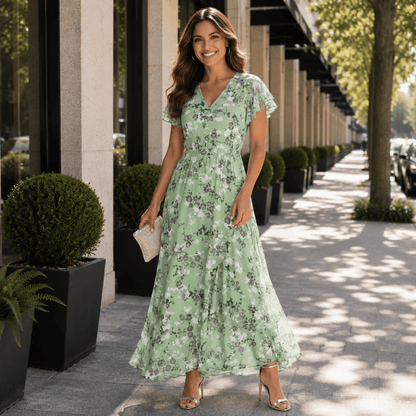 Maxikleid aus floraler Chiffon mit flatternden Ärmeln