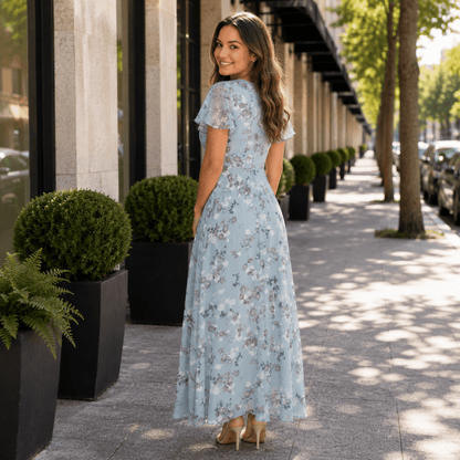 Maxikleid aus floraler Chiffon mit flatternden Ärmeln