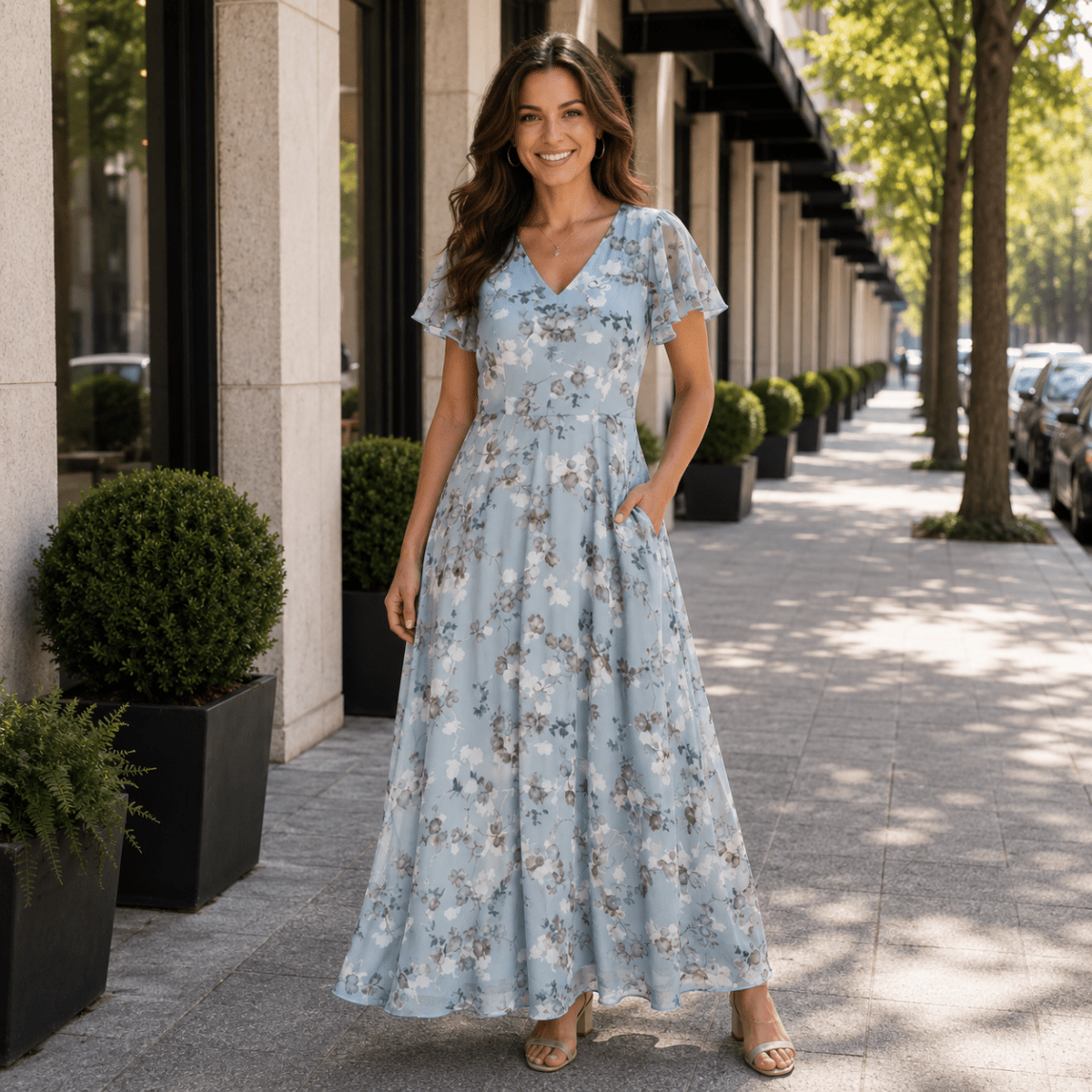 Maxikleid aus floraler Chiffon mit flatternden Ärmeln