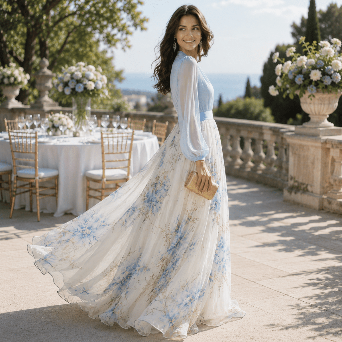 Floral Maxi Dress With Sheer Long Sleeve Bodice