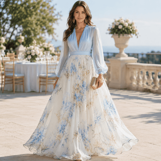 Floral Maxi Dress With Sheer Long Sleeve Bodice