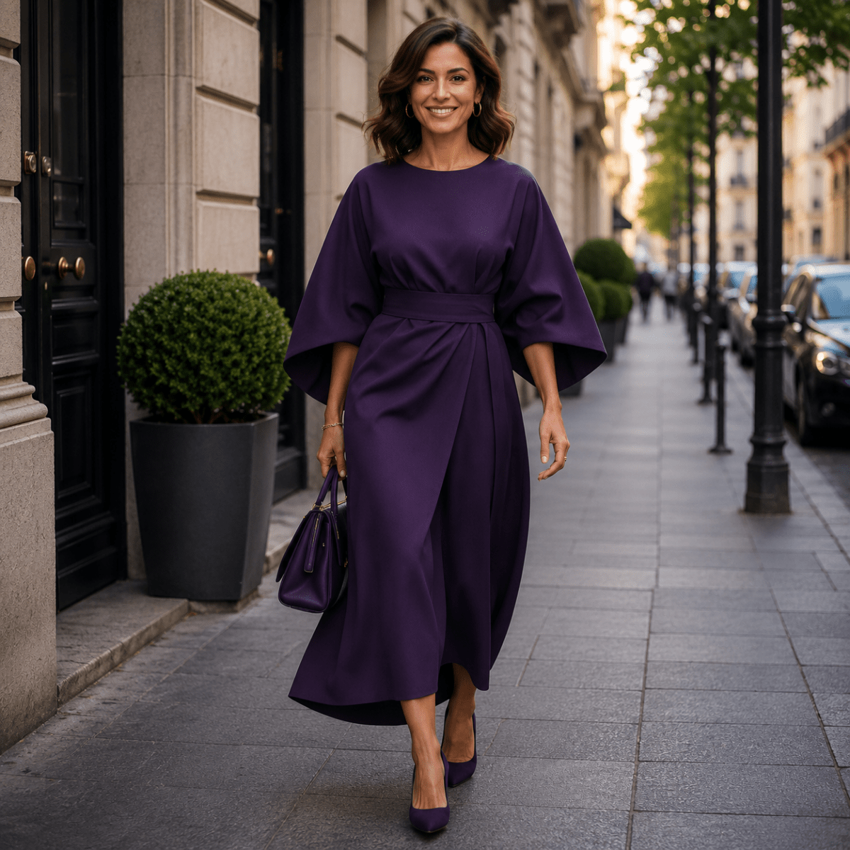 Wrap-Front Belted Midi Dress With Wide Sleeves