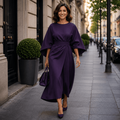 Wrap-Front Belted Midi Dress With Wide Sleeves