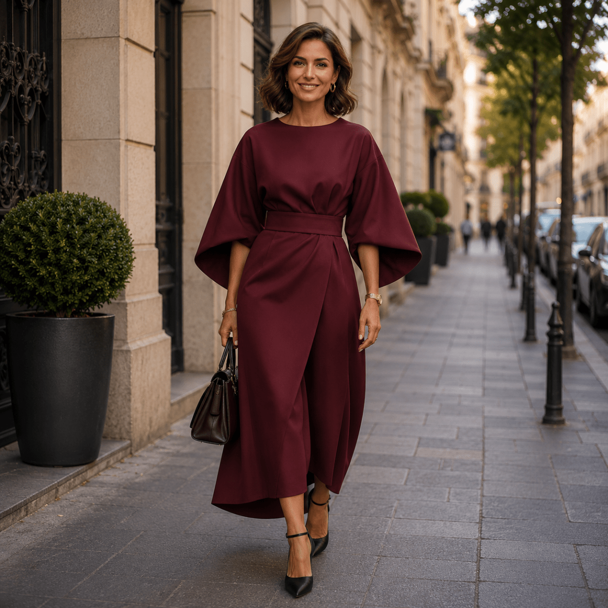 Wrap-Front Belted Midi Dress With Wide Sleeves