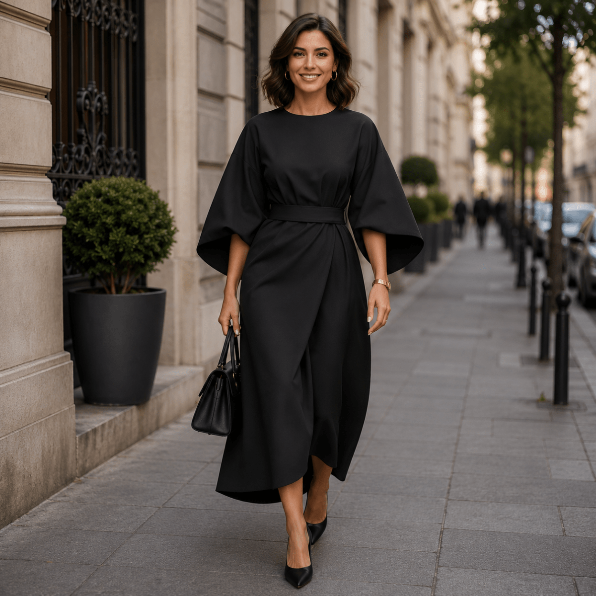 Wrap-Front Belted Midi Dress With Wide Sleeves