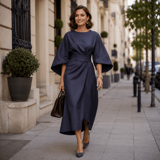 Wrap-Front Belted Midi Dress With Wide Sleeves