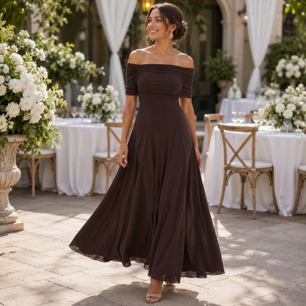 Draped Midi Dress with Chic Off Shoulder Design