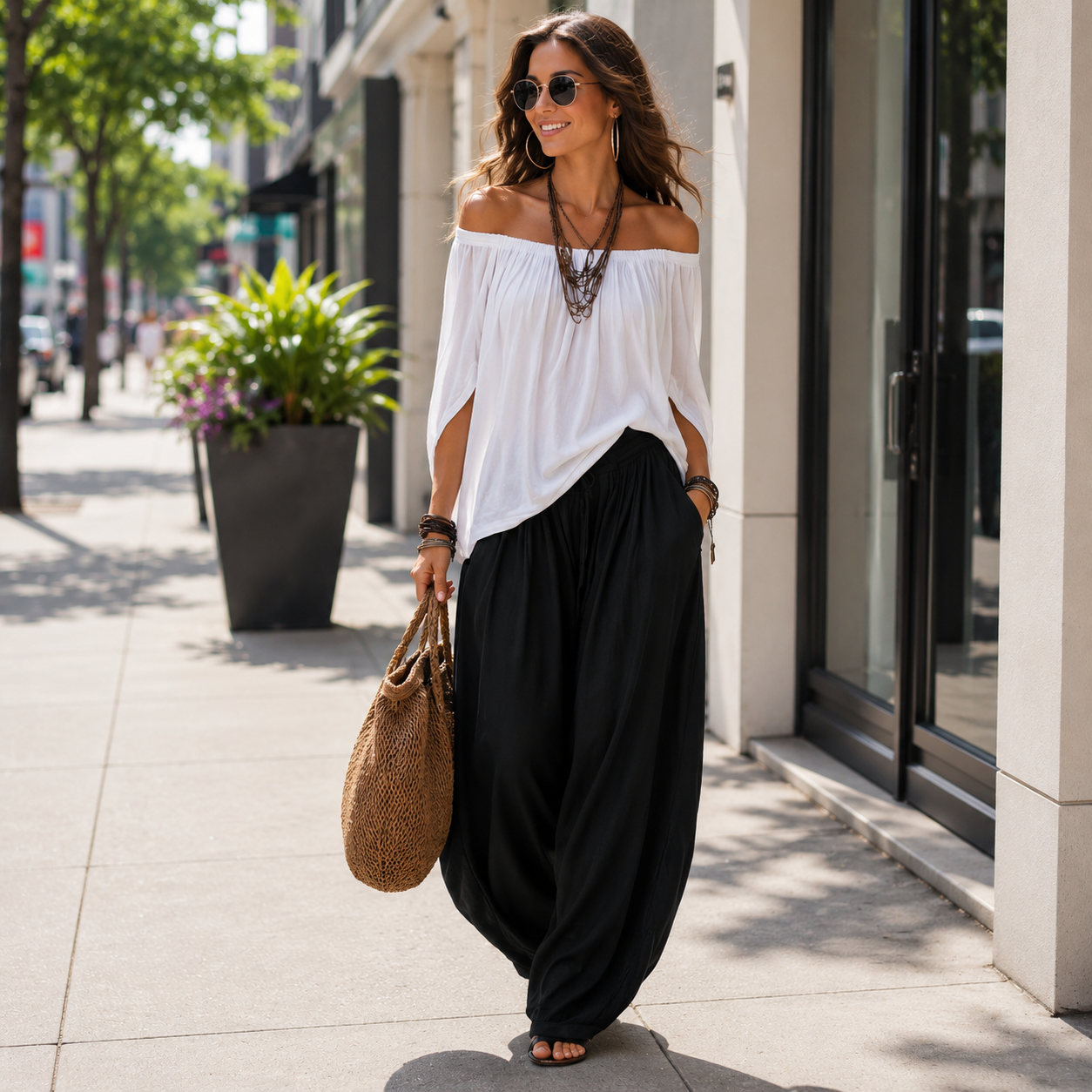 Stylish Off-Shoulder Top and Relaxed Pants Ensemble