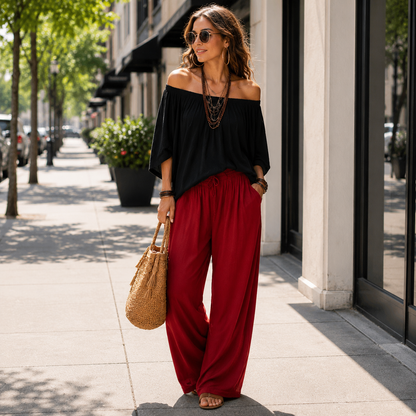 Stylish Off-Shoulder Top and Relaxed Pants Ensemble