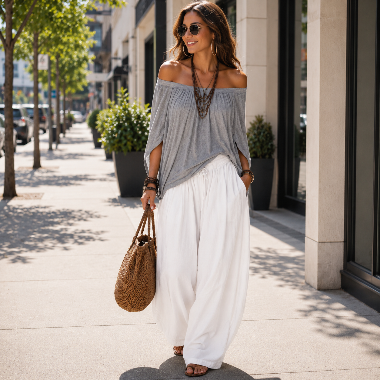 Stylish Off-Shoulder Top and Relaxed Pants Ensemble