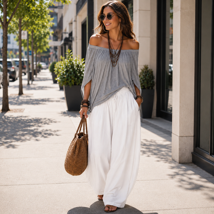 Stylish Off-Shoulder Top and Relaxed Pants Ensemble
