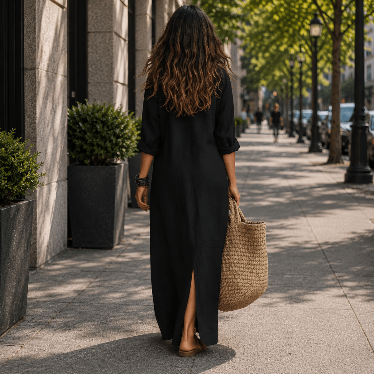 Relaxed Maxi Shirt Dress With Three-Quarter Sleeves