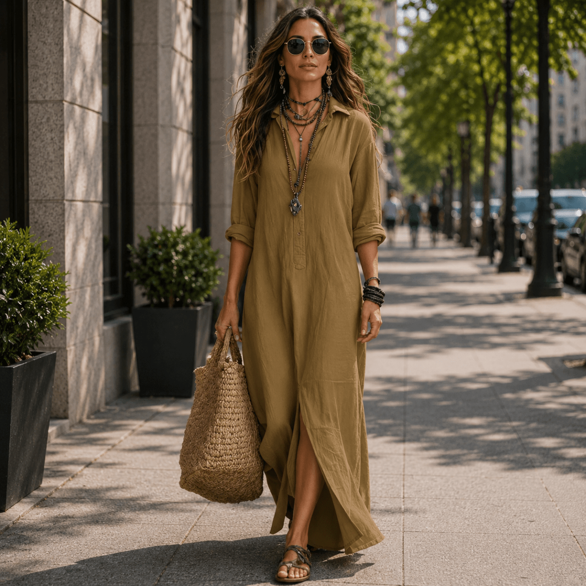 Relaxed Maxi Shirt Dress With Three-Quarter Sleeves