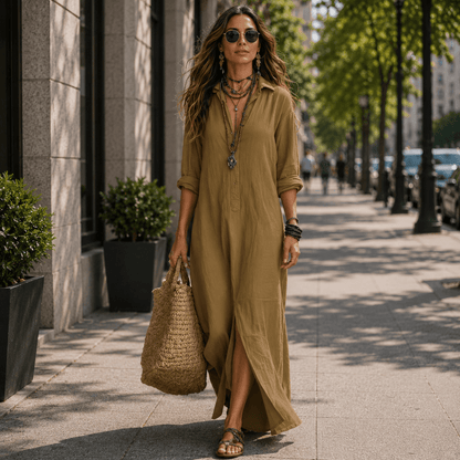 Relaxed Maxi Shirt Dress With Three-Quarter Sleeves