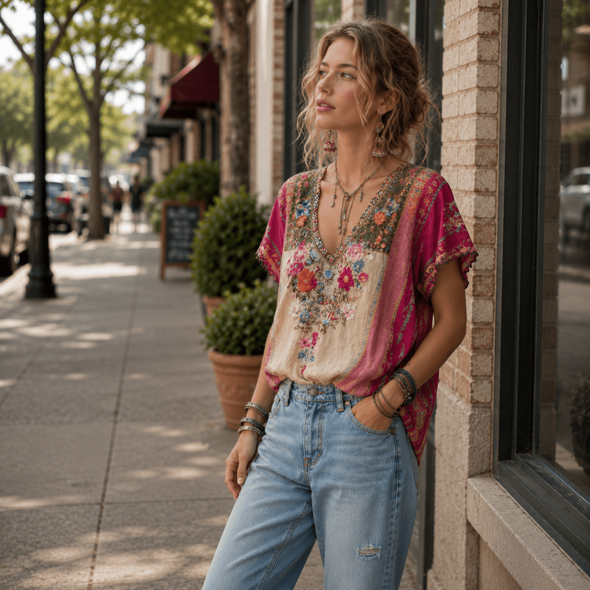 Locker sitzendes V-Ausschnitt-T-Shirt mit bohemischem Charme