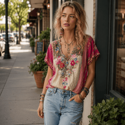 Locker sitzendes V-Ausschnitt-T-Shirt mit bohemischem Charme