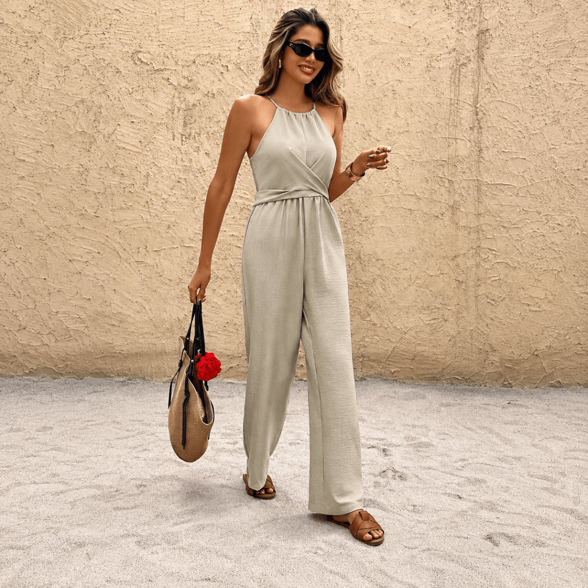 Cross Waist Wide Leg Jumpsuits