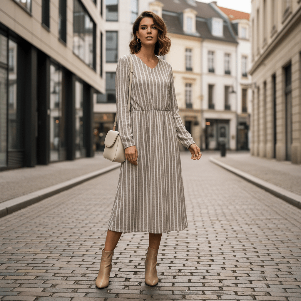 Breathable V Neck Stripe Dress
