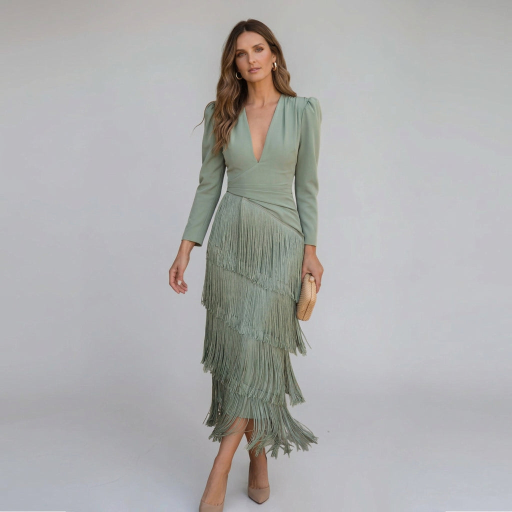 Noa | Women's V-Neck Cascade Fringe Occasion Dress