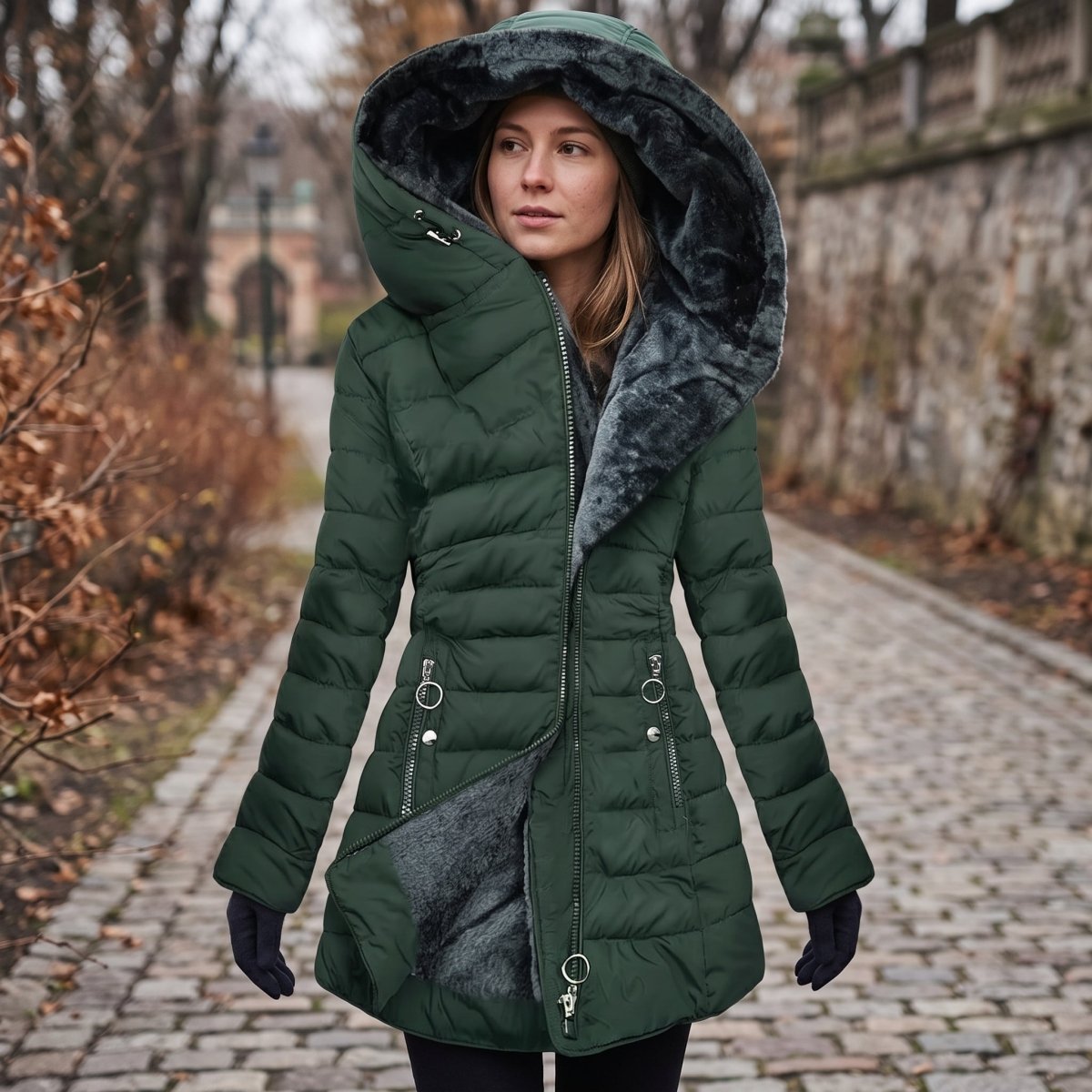 Gesteppter Longline-Mantel mit Kapuze und Reißverschluss