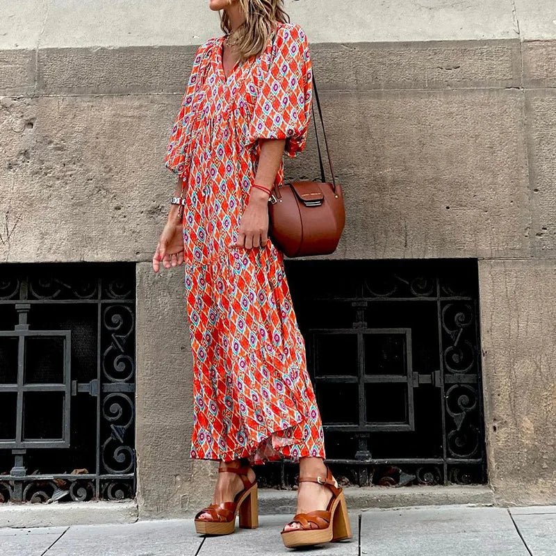 Tiered Midi Dress With Geometric Print