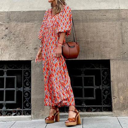 Tiered Midi Dress With Geometric Print