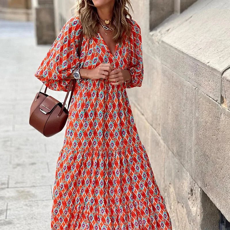 Tiered Midi Dress With Geometric Print