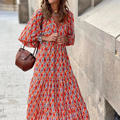 Tiered Midi Dress With Geometric Print
