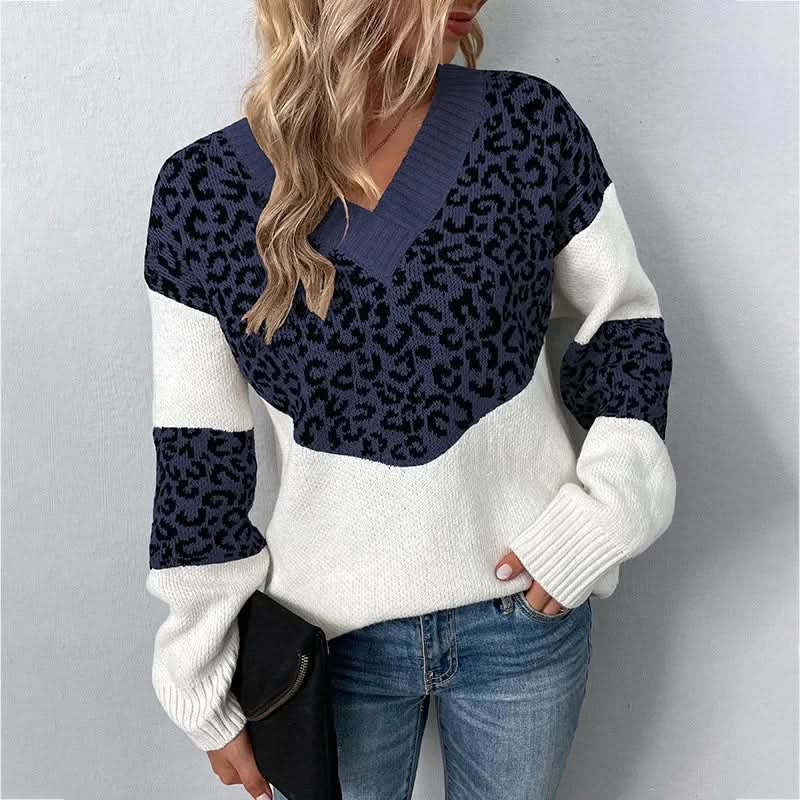 Strickpullover mit Leopardenmuster und V-Ausschnitt