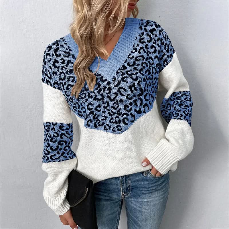 Strickpullover mit Leopardenmuster und V-Ausschnitt